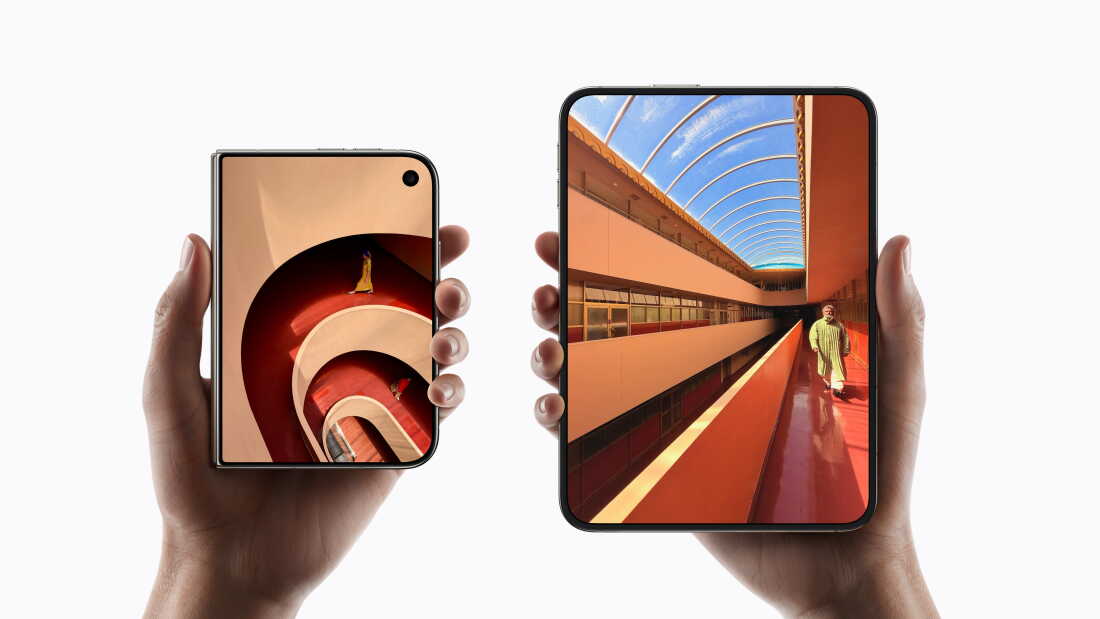 Close-up of the iPhone Duo's hinge and display